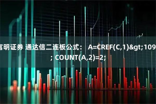 富明证券 通达信二连板公式： A=CREF(C,1)>1094; COUNT(A,2)=2;